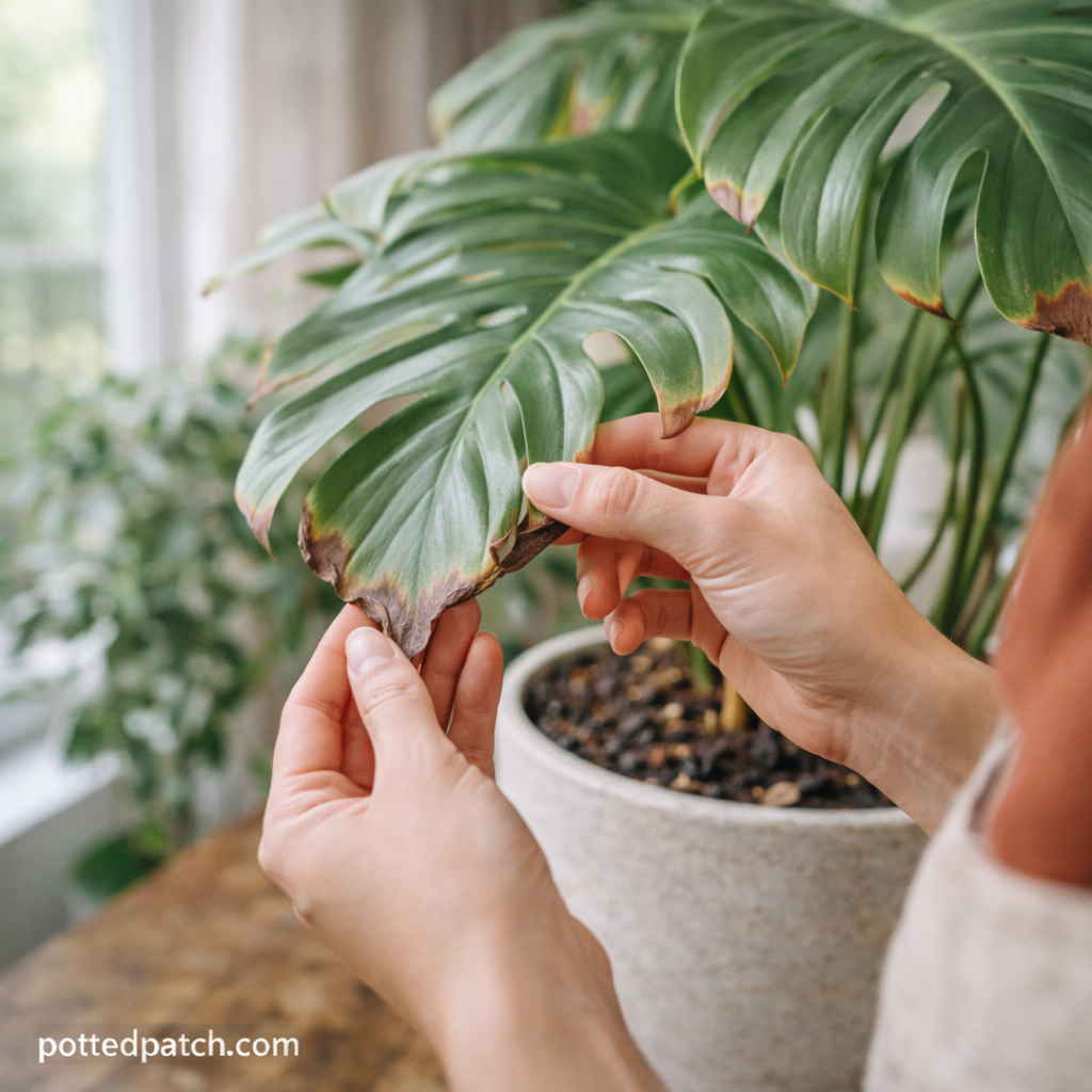 Person inspecting brown leaf tips on a Monstera plant to identify common care problems.