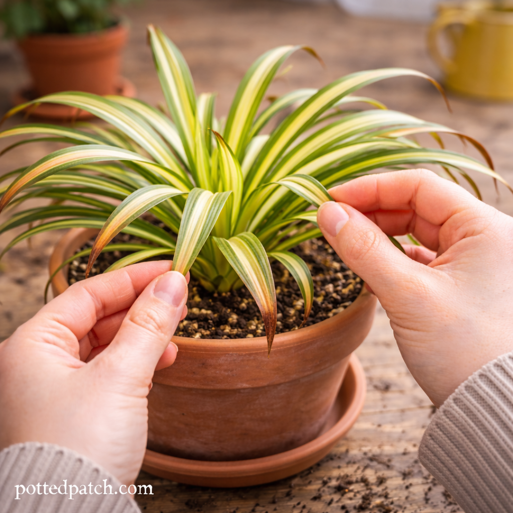 Person gently examining brown leaf tips on a spider plant in a terracotta pot indoors.
