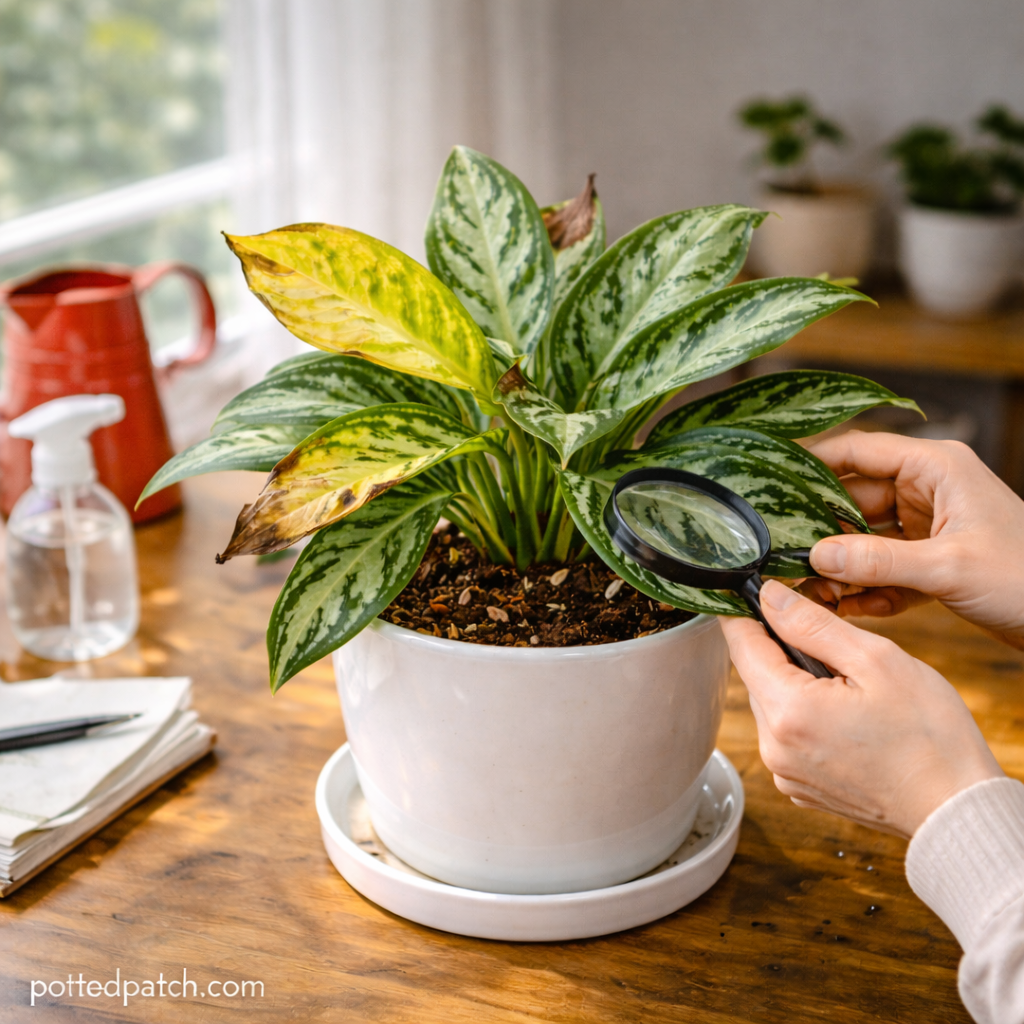 Person inspecting yellowing leaves on a Chinese Evergreen plant indoors with pottedpatch.com watermark.