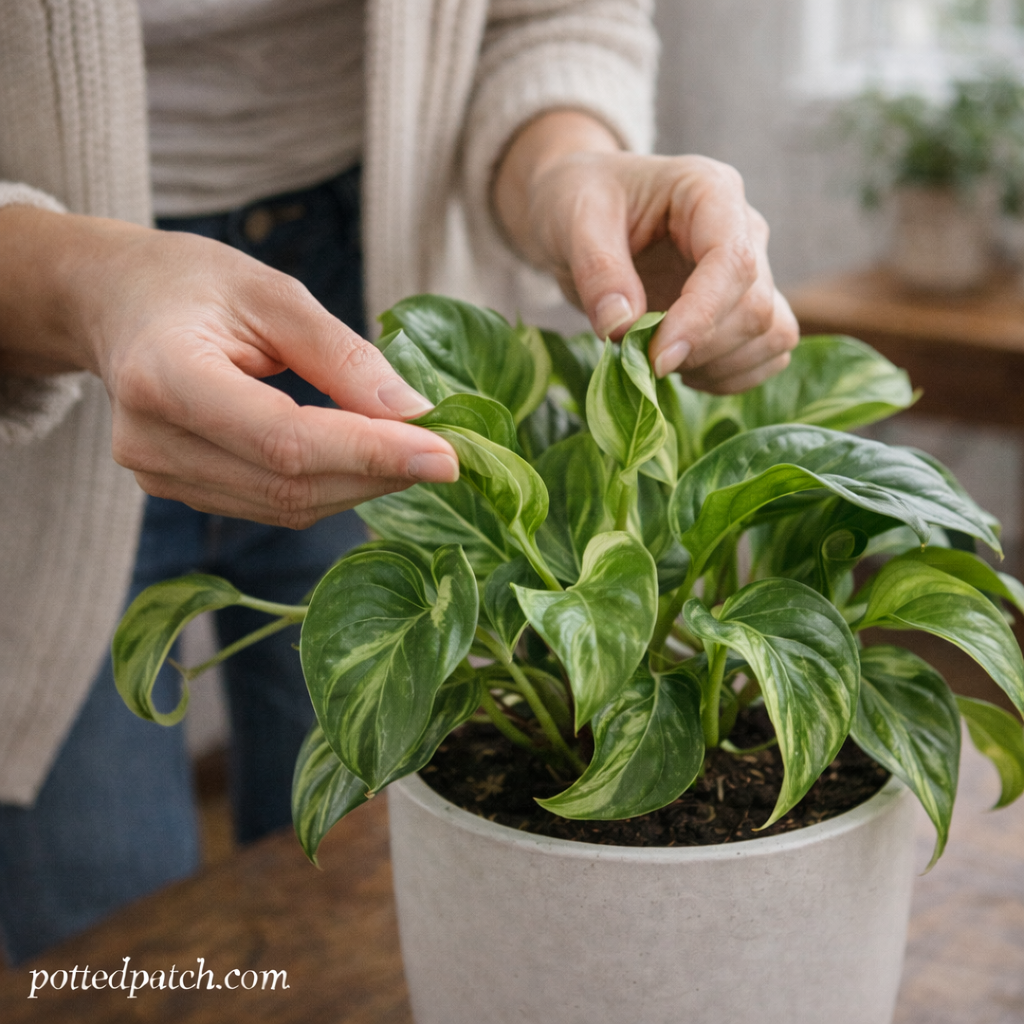 Person inspecting curled leaves on a pothos plant indoors with pottedpatch.com watermark.