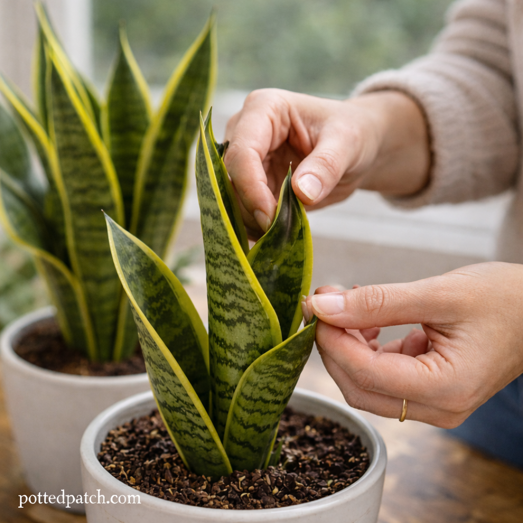 Person gently examining a curled snake plant leaf in a white pot indoors with pottedpatch.com watermark.