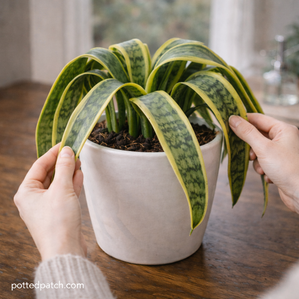 Person inspecting drooping snake plant leaves to identify watering or root issues.