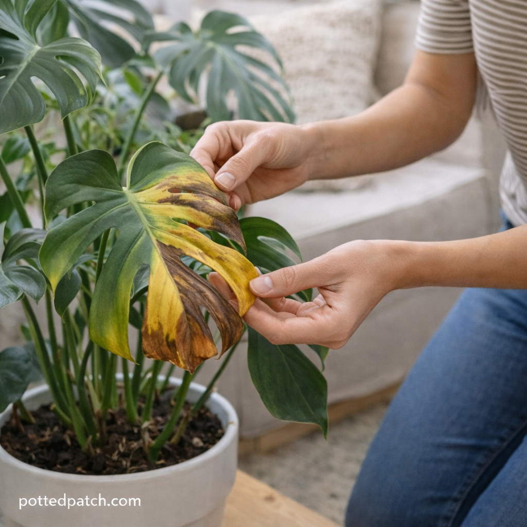 A person examining a yellowing Monstera leaf to identify common indoor plant care problems.