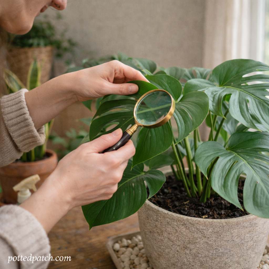 Person inspecting Monstera leaves indoors to check overall plant health and leaf condition.
