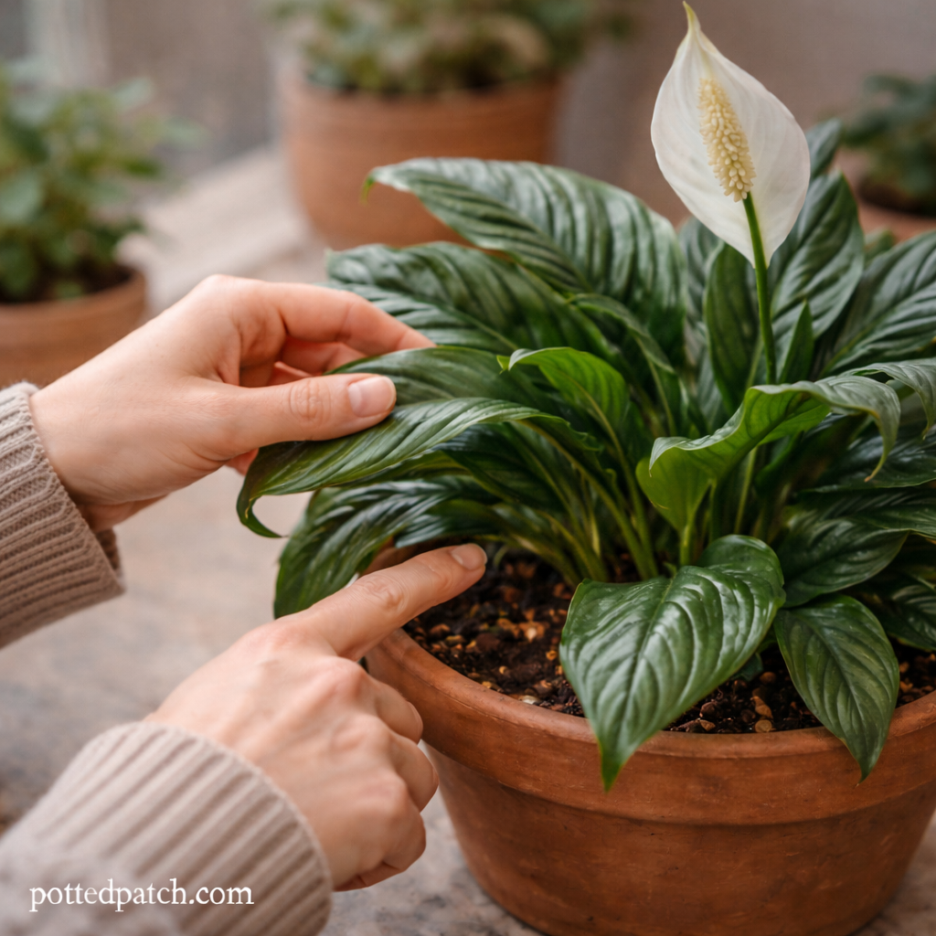 Person gently inspecting curled leaves and soil of a Peace Lily in a terracotta pot indoors with pottedpatch.com watermark in the bottom left.