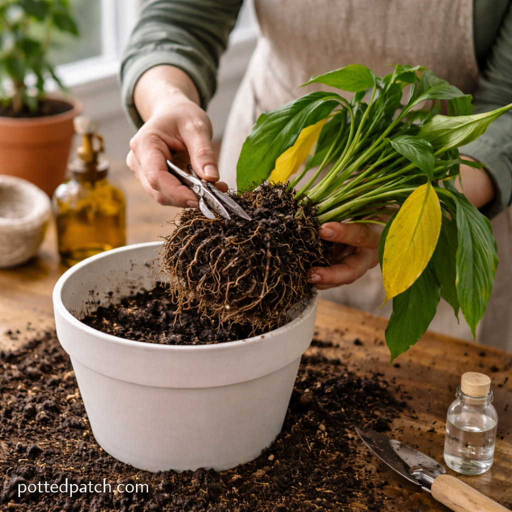 Person inspecting and trimming peace lily roots to fix soft stems caused by root rot.