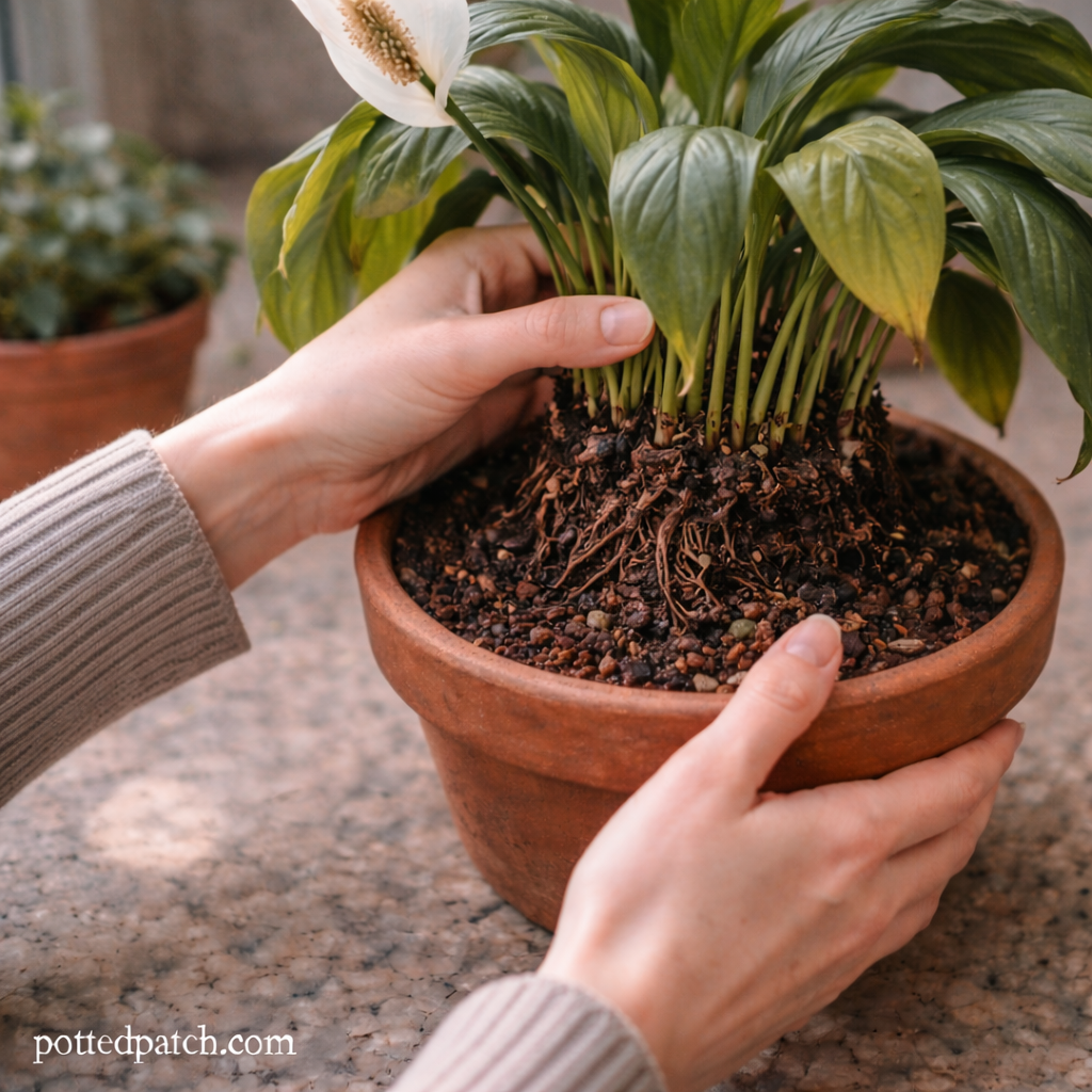 Person lifting a Peace Lily from a terracotta pot to inspect roots and soil for signs of root rot with pottedpatch.com watermark in the bottom left.