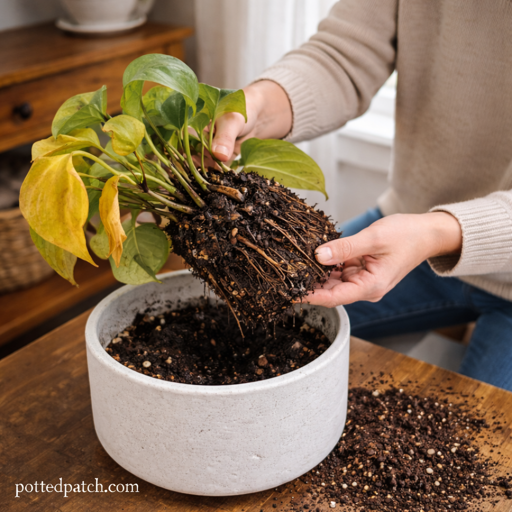 Person lifting a pothos plant from its pot to inspect roots for signs of root rot with pottedpatch.com watermark.