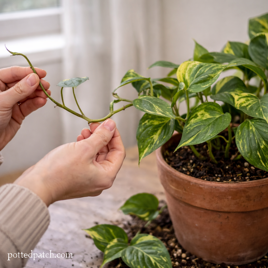 Person examining a pothos vine with small new leaf growth in a terracotta pot with pottedpatch.com watermark.