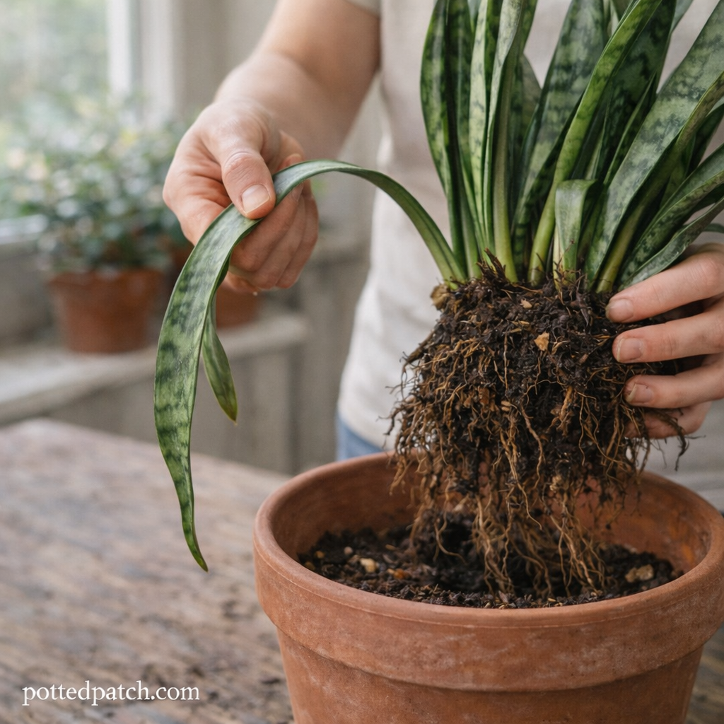 Person inspecting the roots of a drooping snake plant to diagnose overwatering and root rot.