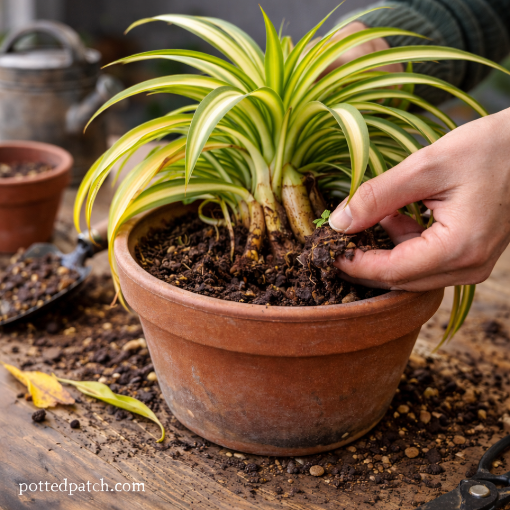 Person inspecting the base of a spider plant with soft stems near the soil line.