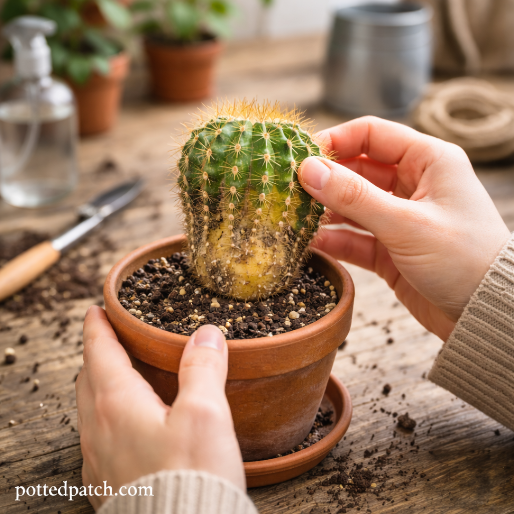 Person gently inspecting a yellowing cactus in a terracotta pot indoors to check for care issues.