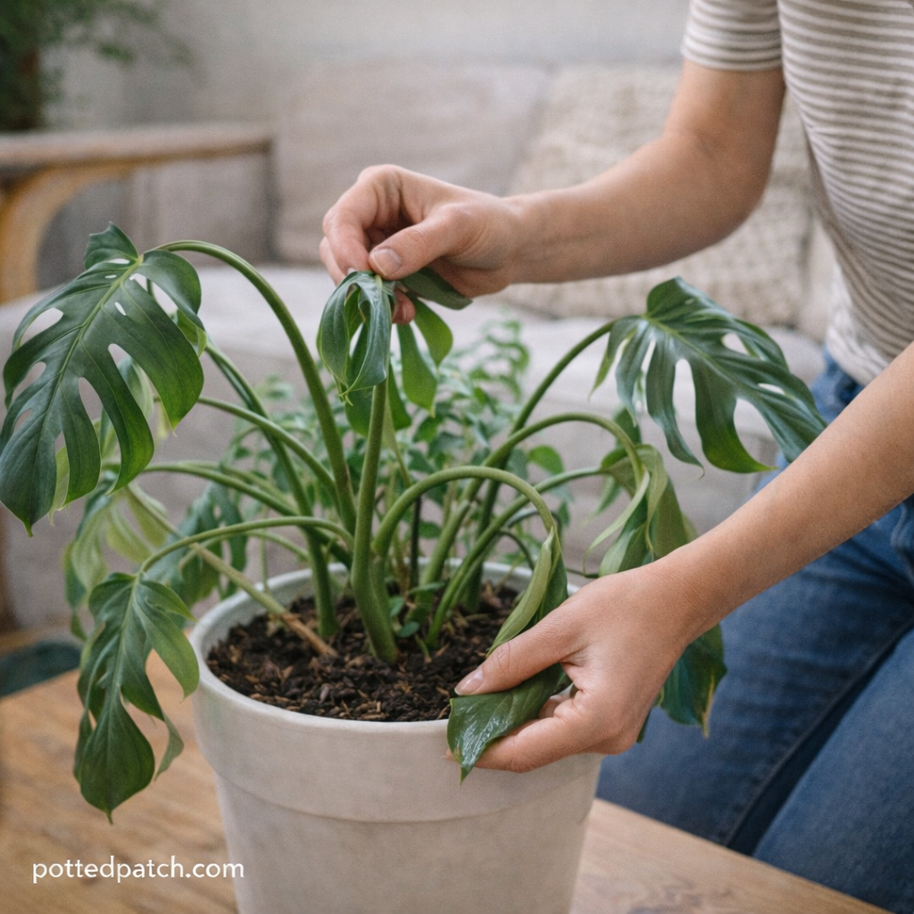A person inspecting drooping Monstera leaves while checking soil moisture indoors.