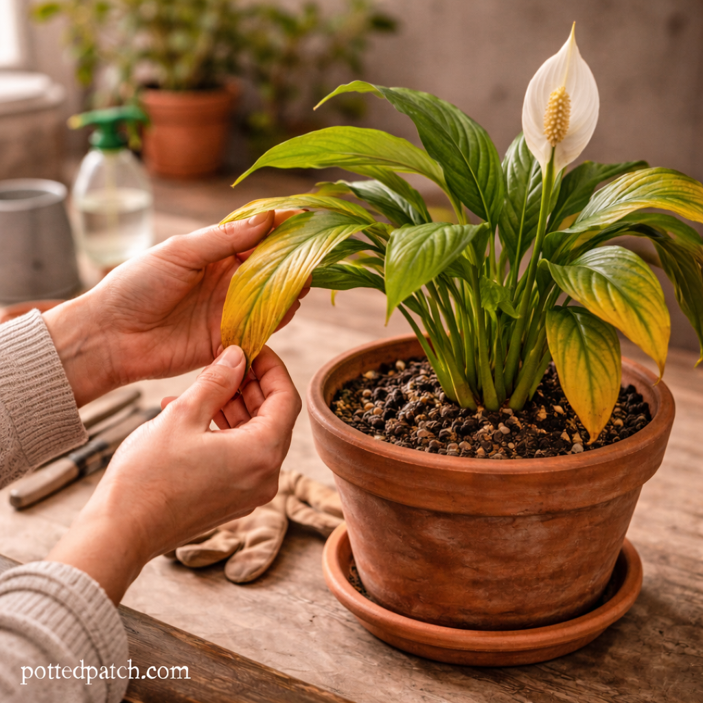 Person examining yellowing leaves on a Peace Lily in a terracotta pot indoors with pottedpatch.com watermark in the bottom left.