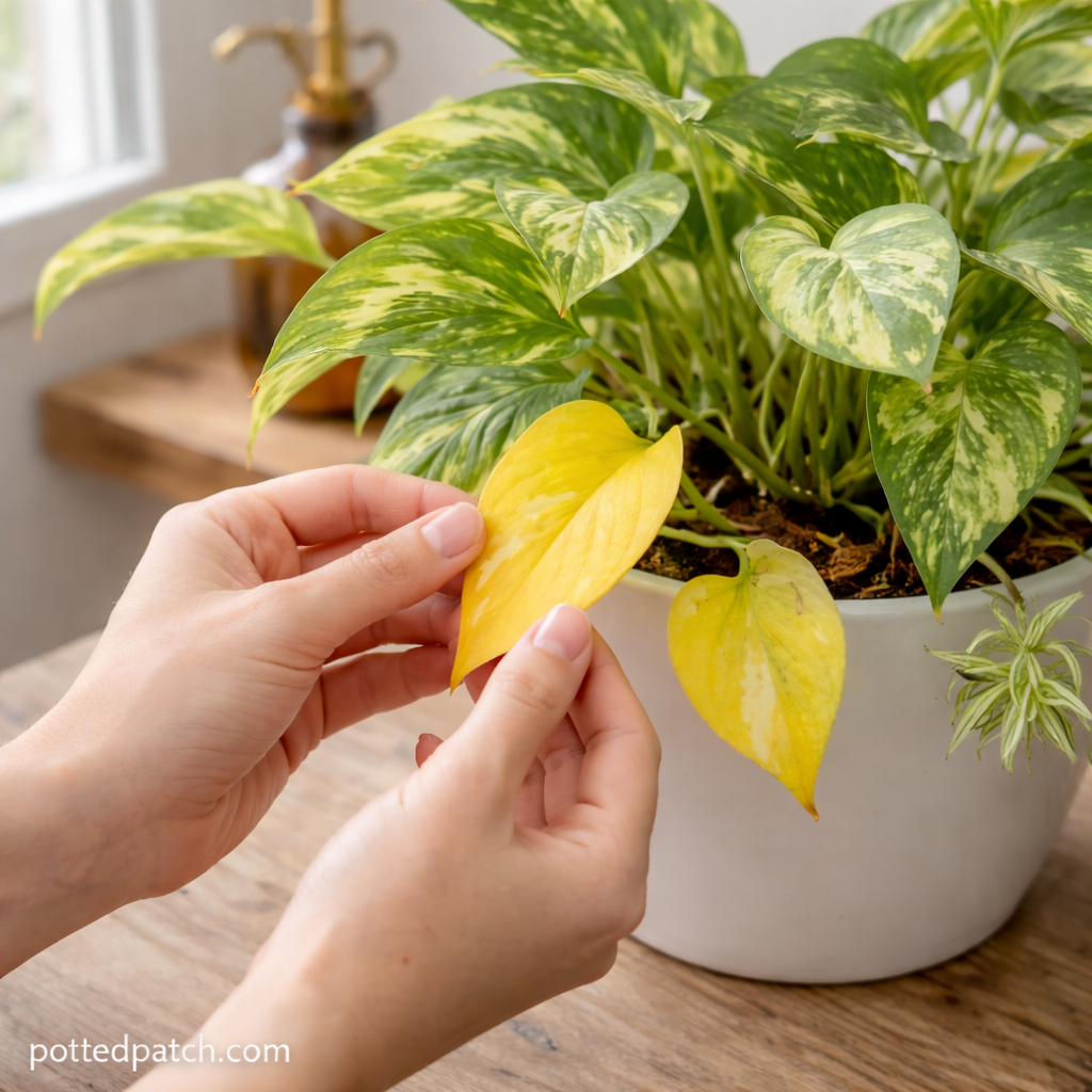 Person inspecting a yellow leaf on a pothos plant indoors near a window.