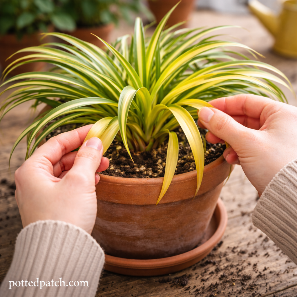 Person gently examining yellow leaves on a spider plant in a terracotta pot indoors.