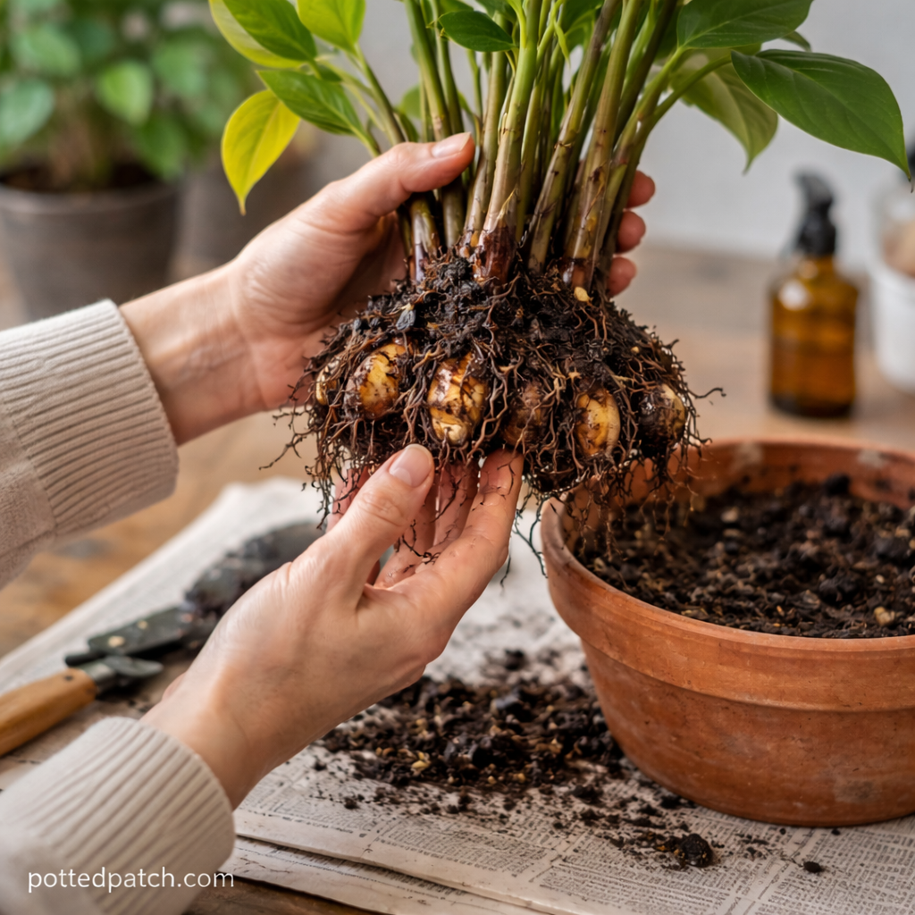 Person lifting a ZZ plant from its pot to inspect roots and rhizomes for signs of root rot indoors, with pottedpatch.com watermark.