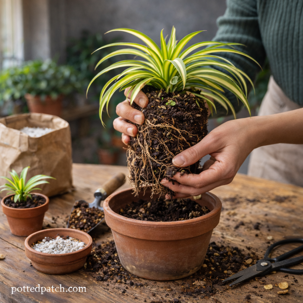 Person gently loosening the root ball of a dracaena plant before placing it into a new pot.