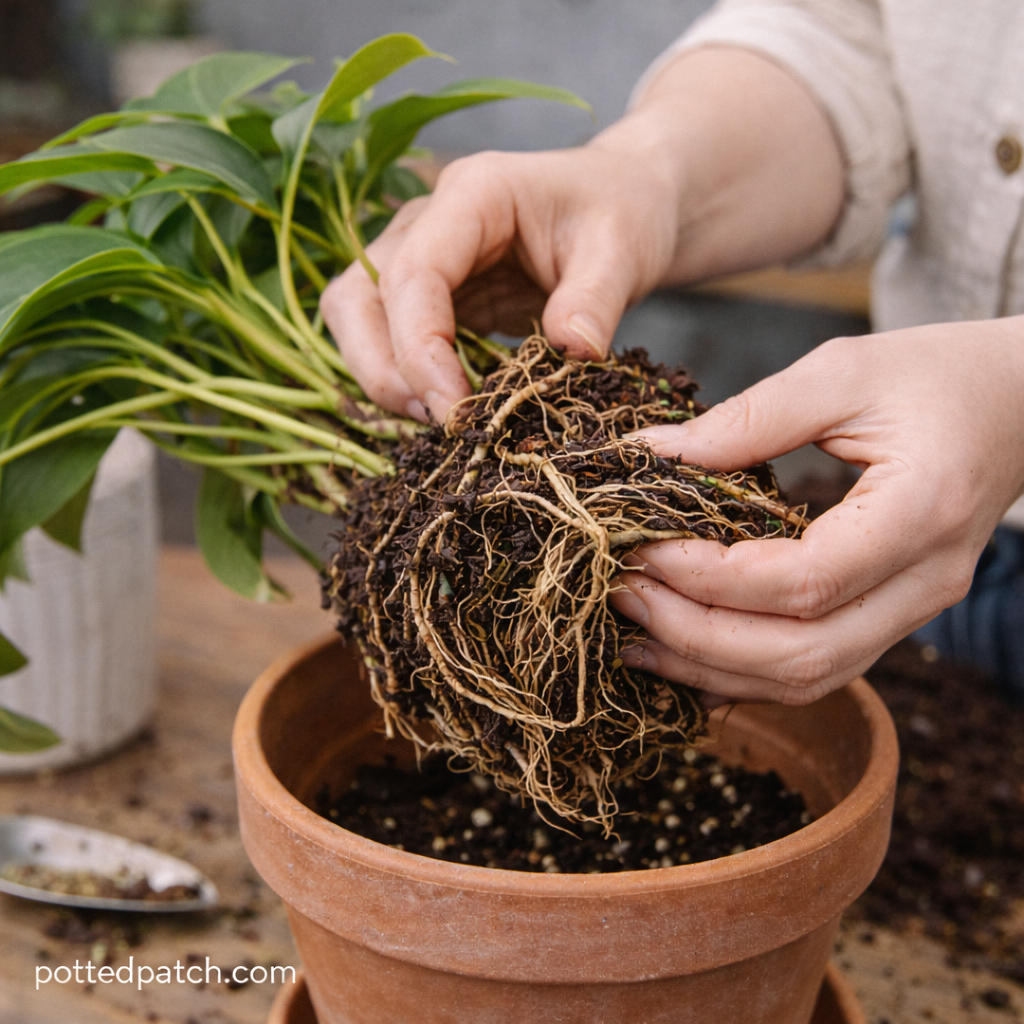 Close-up of hands loosening circling roots on a root bound philodendron above a terracotta pot.