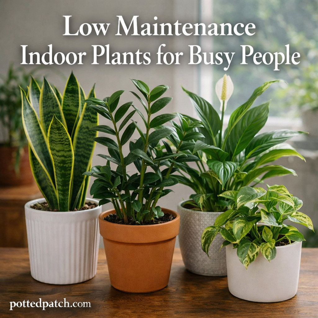 Low maintenance indoor plants including snake plant, ZZ plant, peace lily, and pothos in pots near a bright window.