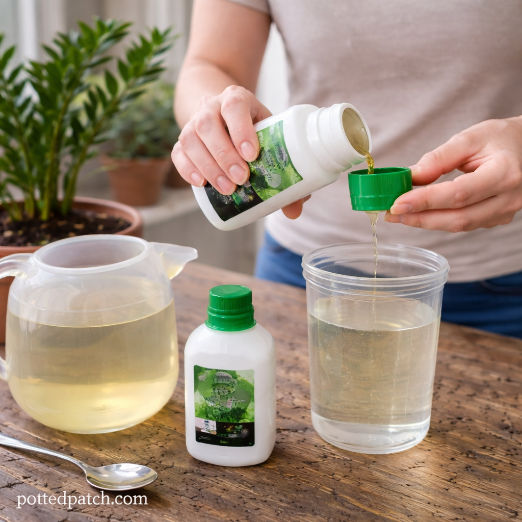 Person measuring and diluting liquid fertilizer before applying it to a ZZ plant.