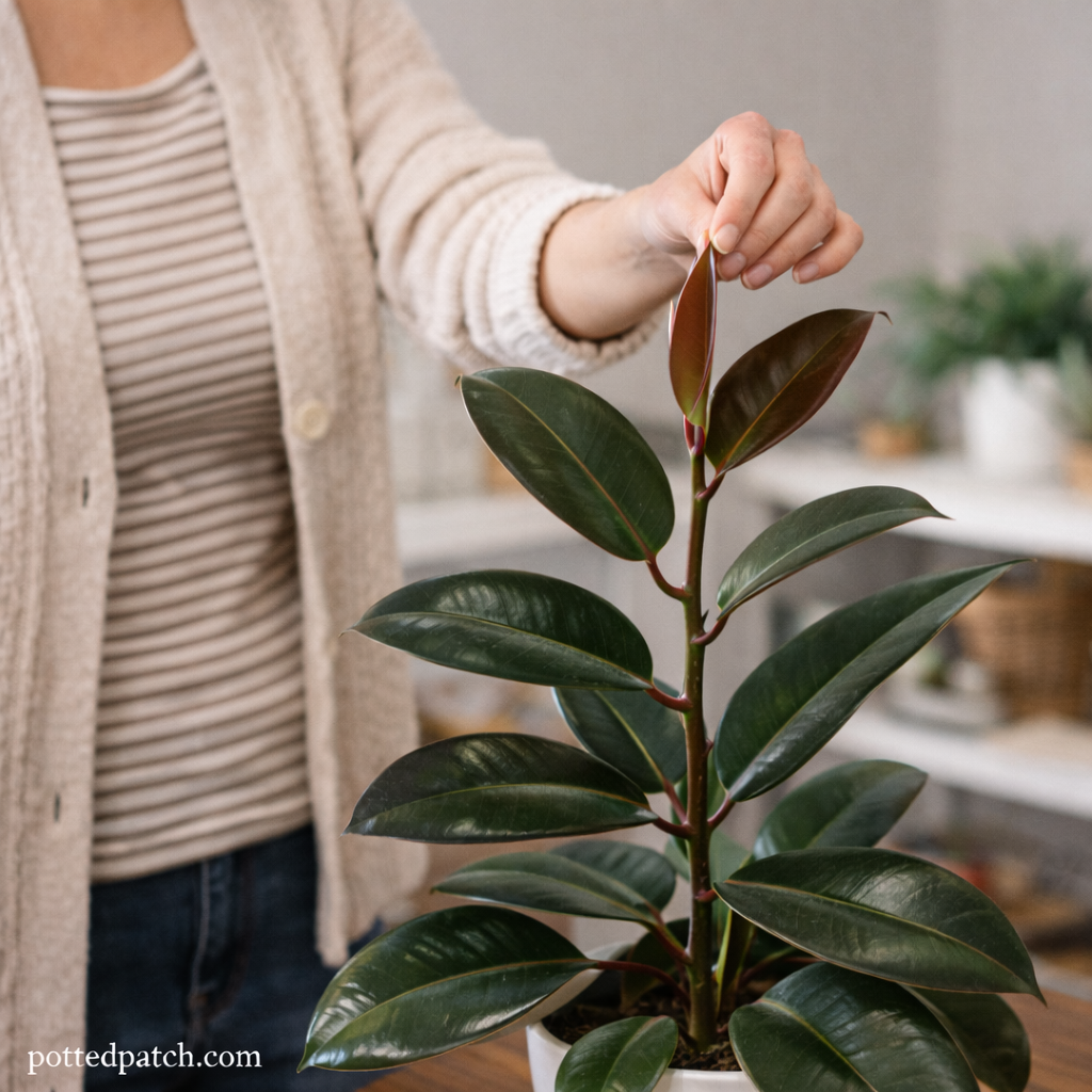 Person gently holding the top leaf of a tall rubber plant indoors while assessing height before pruning with pottedpatch.com watermark.