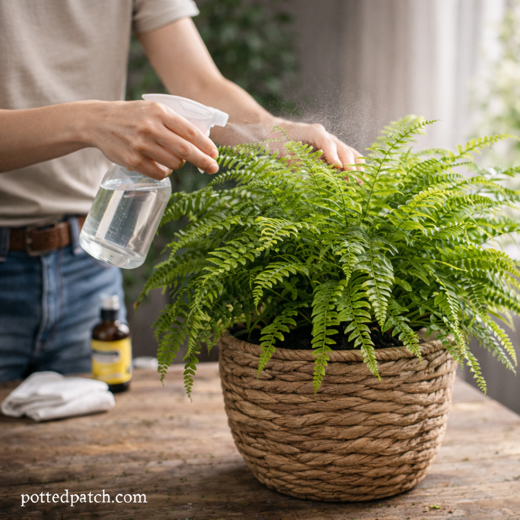 Person misting a Boston fern indoors to increase humidity, with pottedpatch.com watermark.