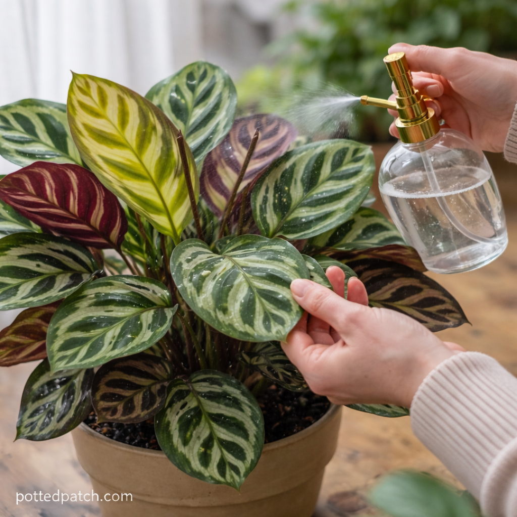 Person misting a calathea plant indoors to increase humidity and support healthy leaf growth, with pottedpatch.com watermark.
