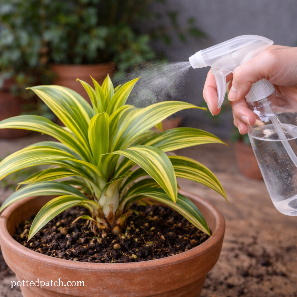 Person misting a dracaena plant to support healthy new growth indoors.