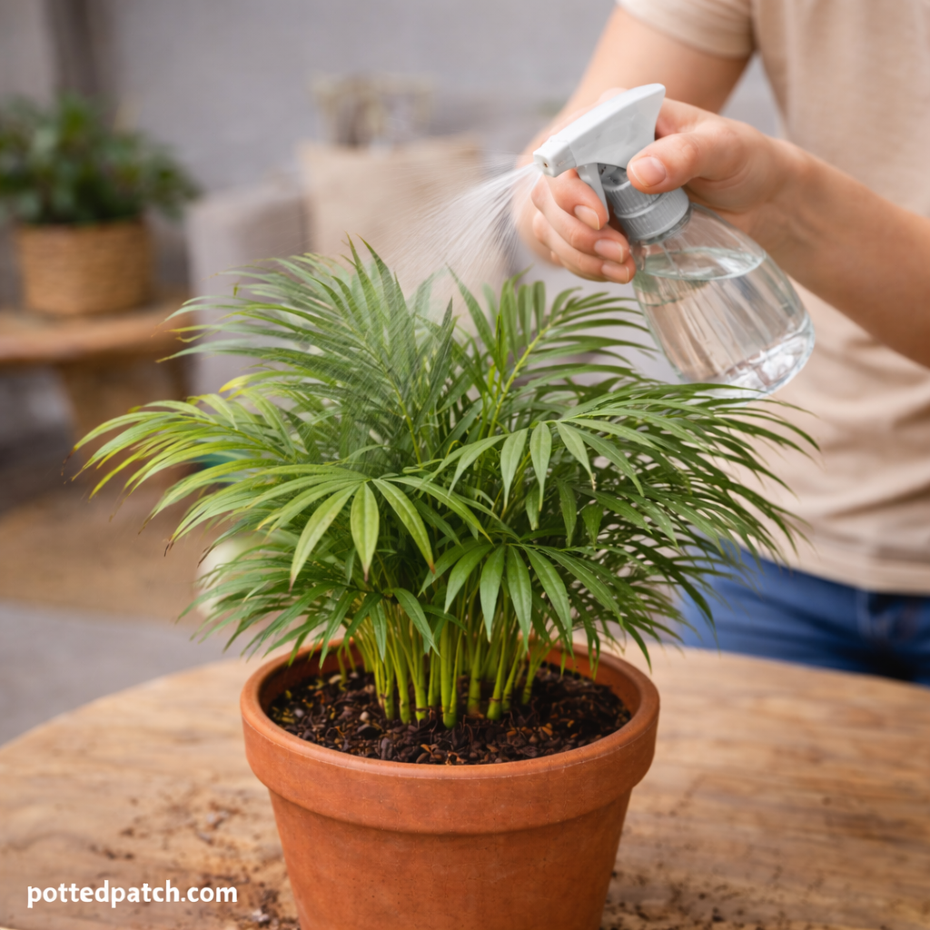 Person misting a healthy parlor palm indoors to maintain humidity and leaf health.