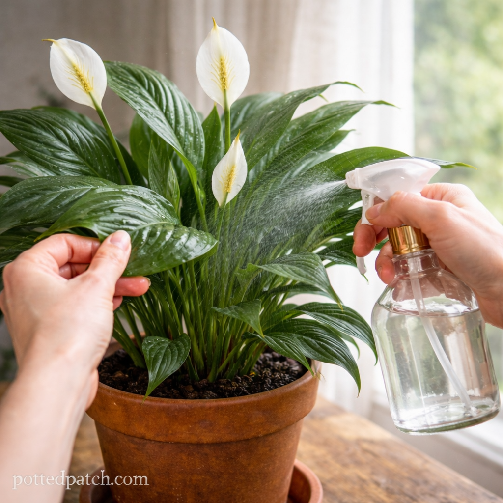Hands misting a peace lily indoors to increase humidity, with pottedpatch.com watermark.