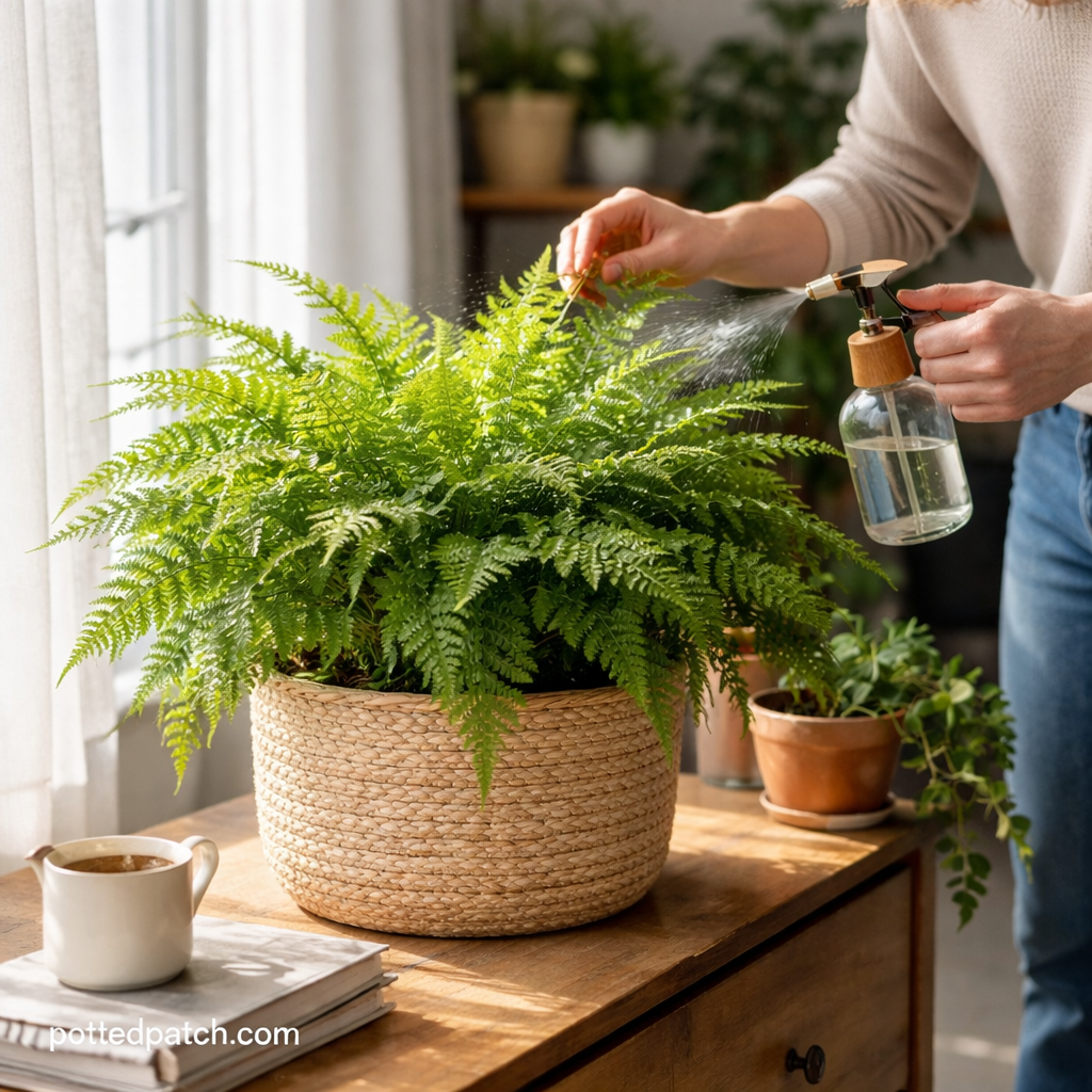 Person misting a healthy indoor fern with a spray bottle near a bright window to increase humidity.