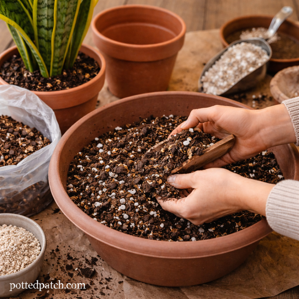 Person mixing a fast-draining soil blend with perlite and bark to improve drainage for a snake plant.