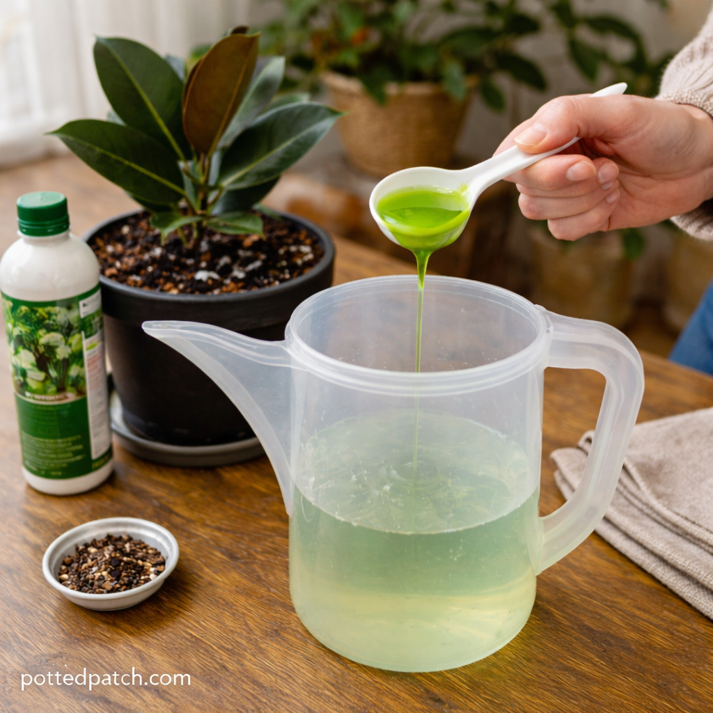 Person diluting liquid fertilizer in a watering can beside a rubber plant indoors.