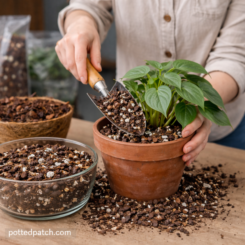 Person adding chunky well-draining soil mix to a philodendron in a terracotta pot.