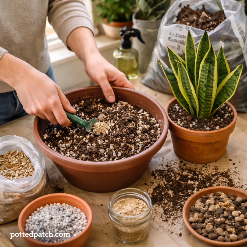 Person mixing fast-draining soil ingredients for a snake plant using perlite and cactus potting mix.