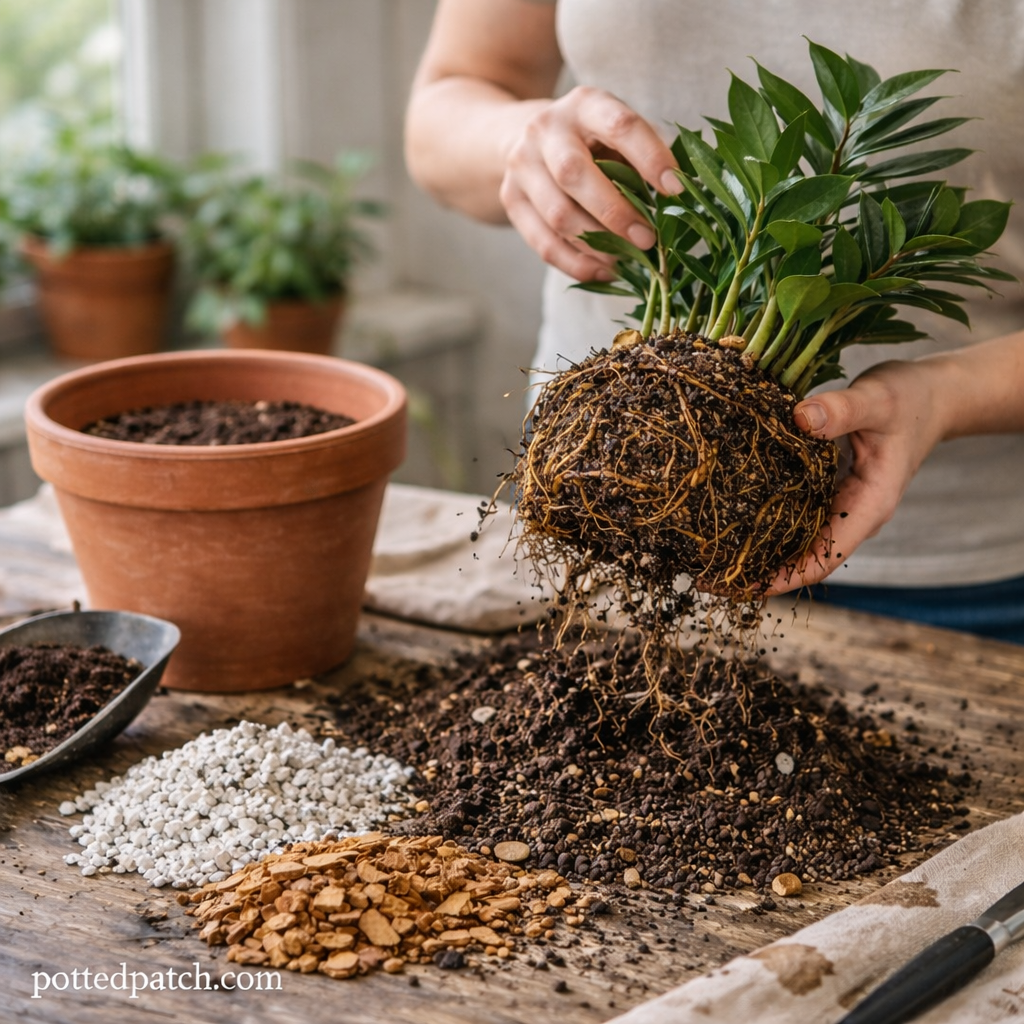 Person preparing and repotting a ZZ plant using a well-draining soil mix with perlite and bark.