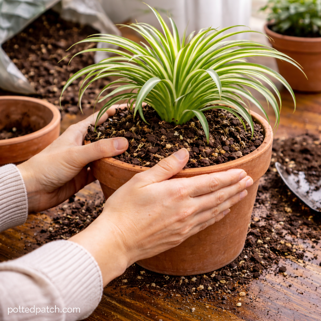 Person pressing fresh, well-draining soil around a spider plant in a terracotta pot.
