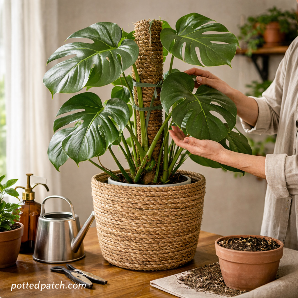 Person gently adjusting monstera leaves and support pole while caring for a healthy potted plant indoors.