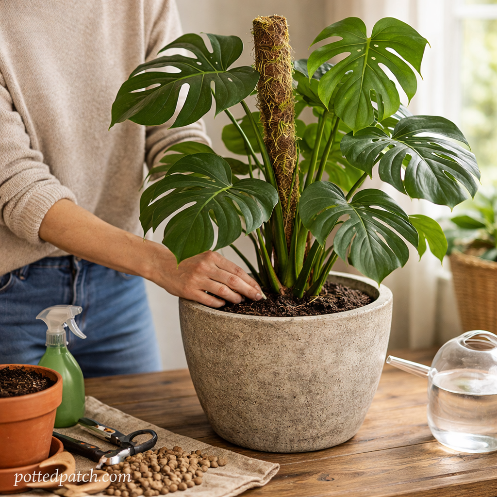 Person repotting a Monstera plant into a stable container with a moss pole indoors.