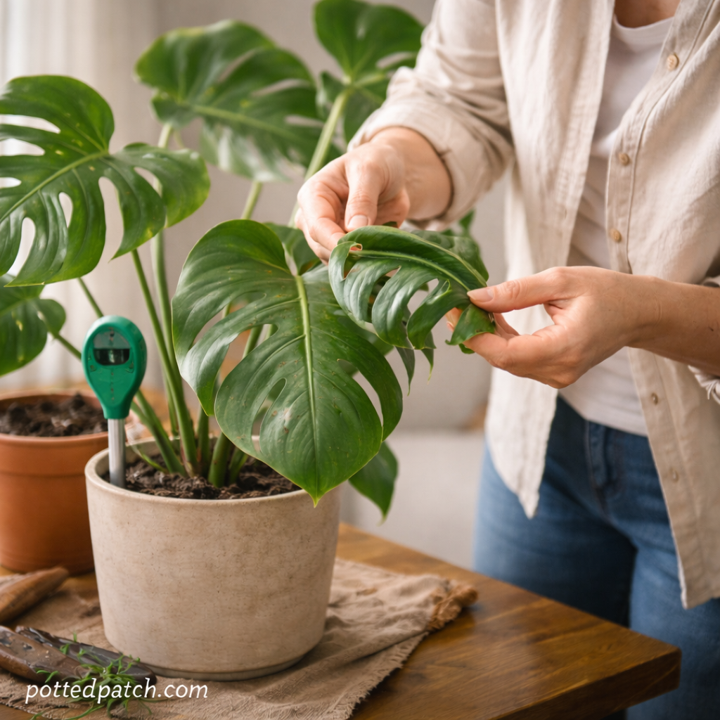 Person inspecting a curled monstera leaf indoors to identify causes of plant stress.