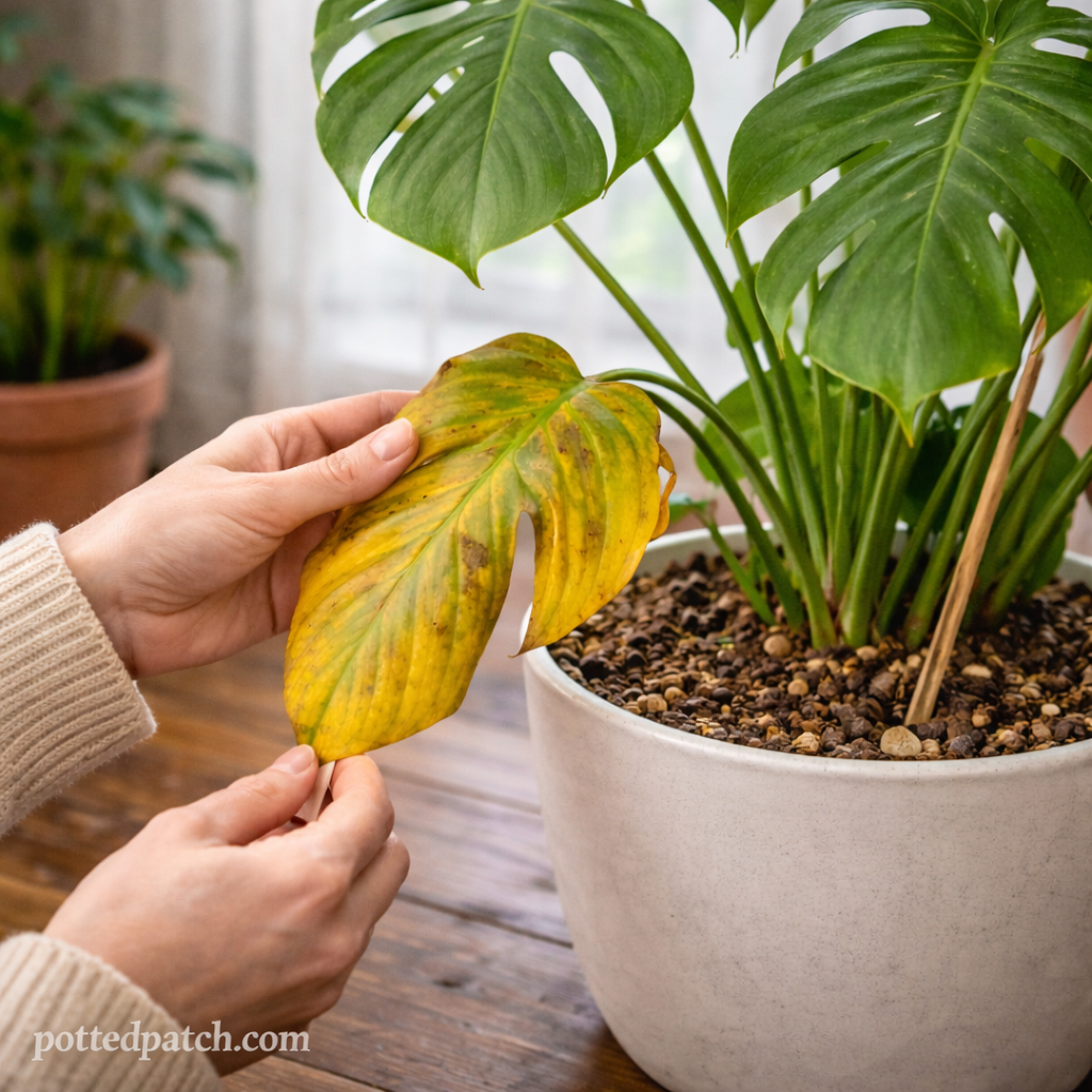 Person inspecting a yellowing Monstera leaf while checking soil moisture indoors.