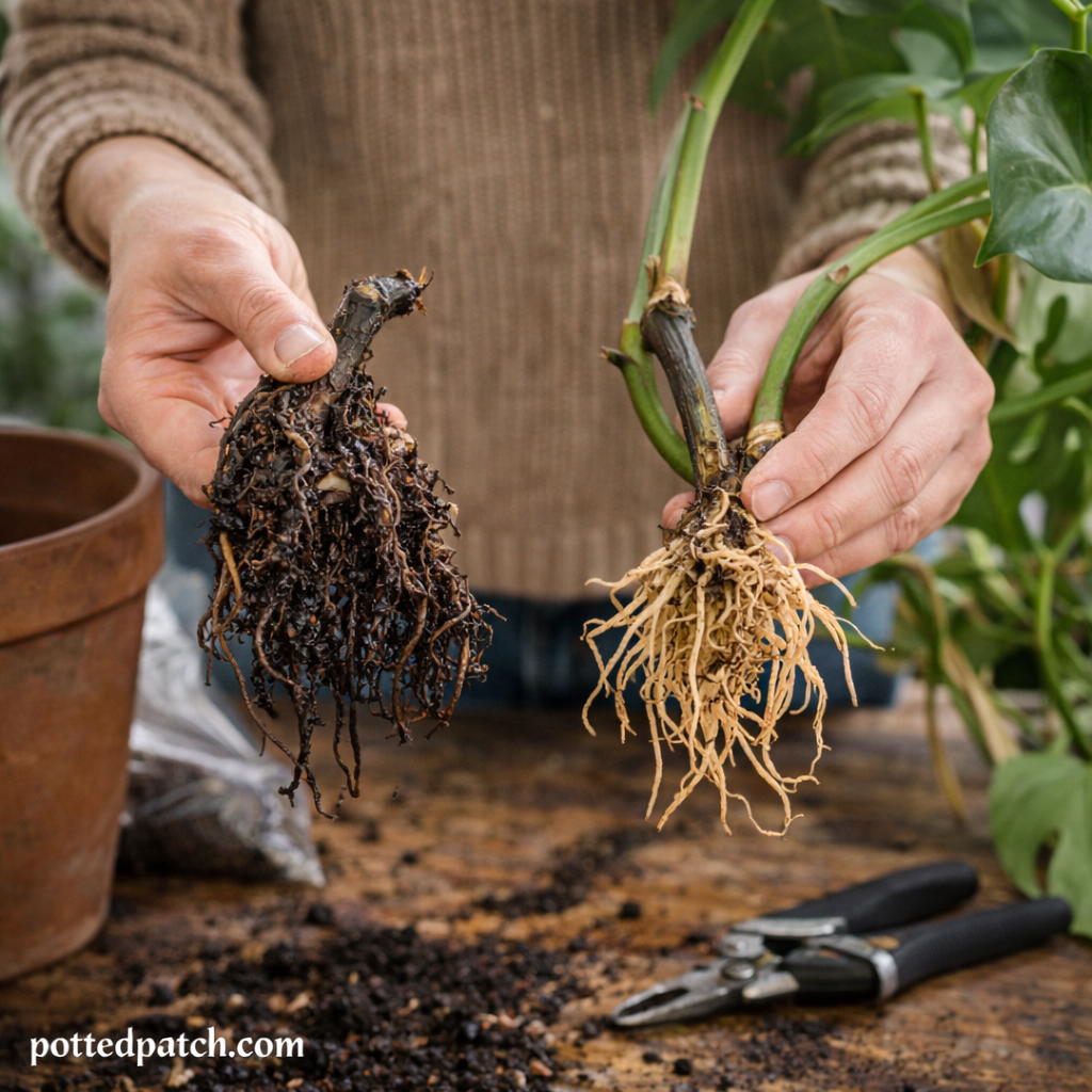 Person inspecting healthy and rotting monstera roots to diagnose soft stem problems.