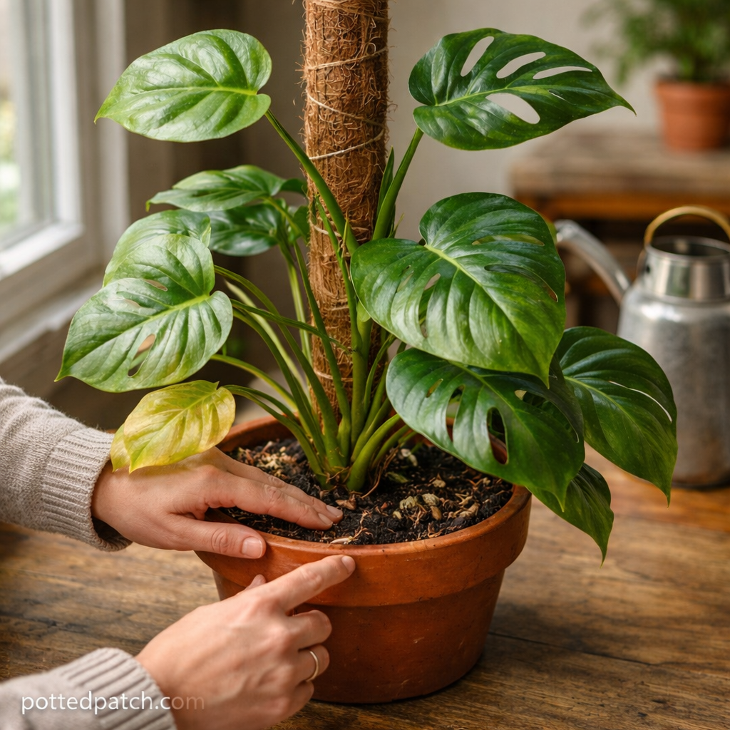 Person adjusting soil and supporting leaves on a potted Monstera plant indoors to improve growth conditions.