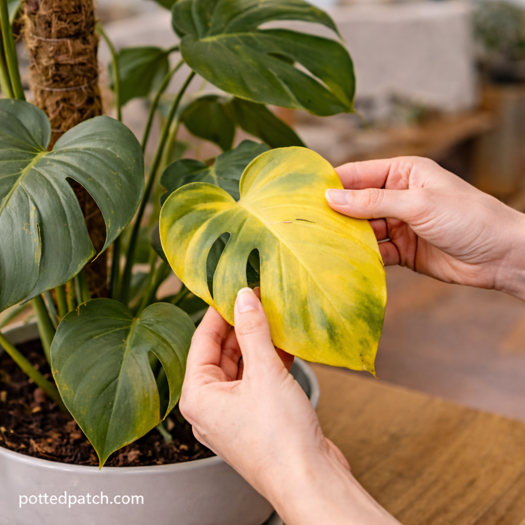 Person examining a yellow Monstera leaf to identify overwatering and drainage issues.