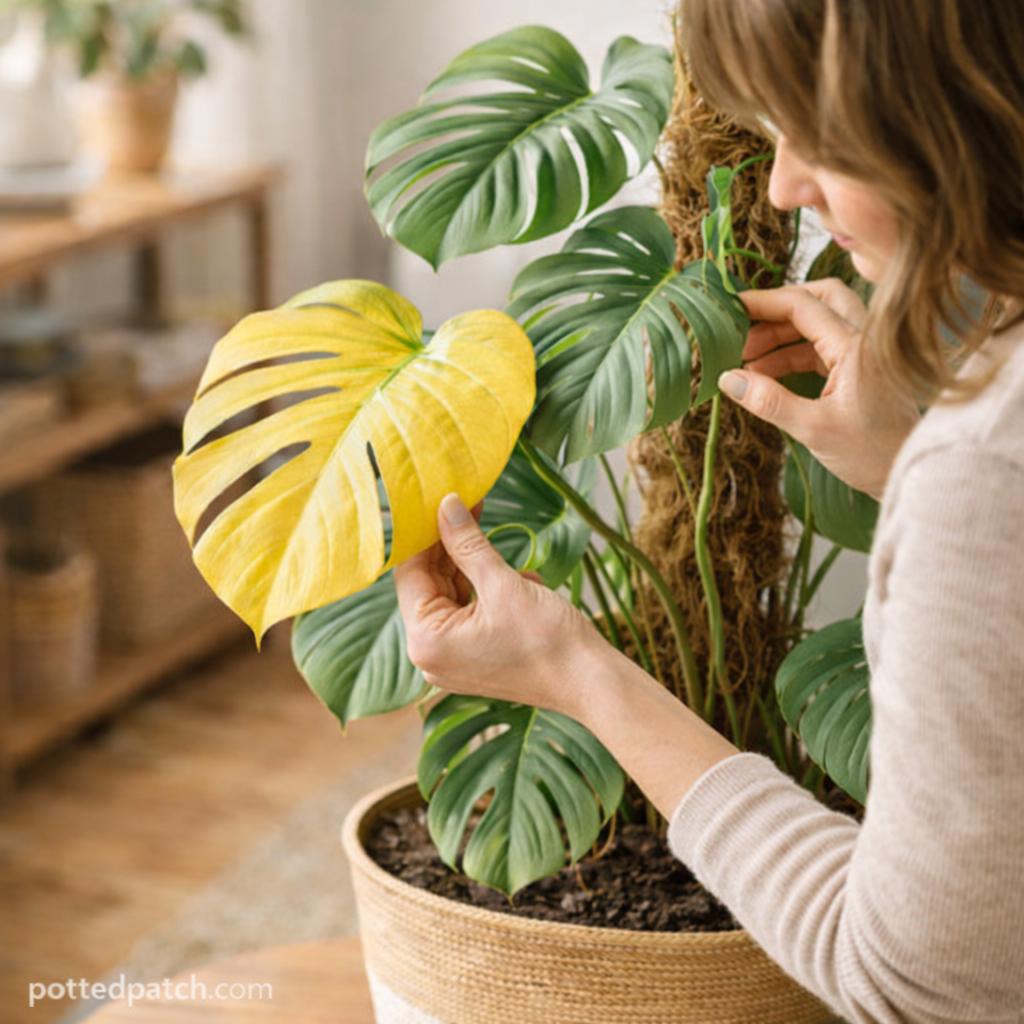 Person gently inspecting and misting yellow leaves on an indoor Monstera plant.