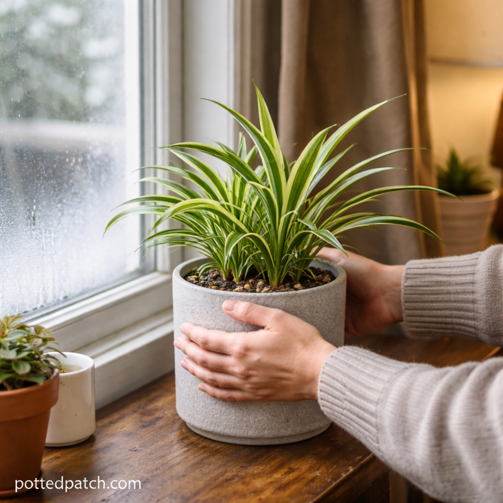 Person repositioning a spider plant near a cold window to avoid drafts and improve placement.