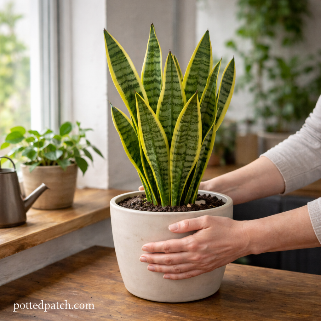 Person moving a potted snake plant closer to a bright window indoors with pottedpatch.com watermark on bottom left.