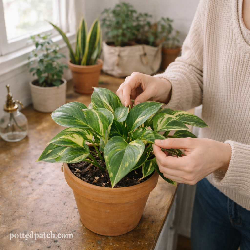 New plant owner gently inspecting a healthy indoor plant to build confidence with basic plant care.