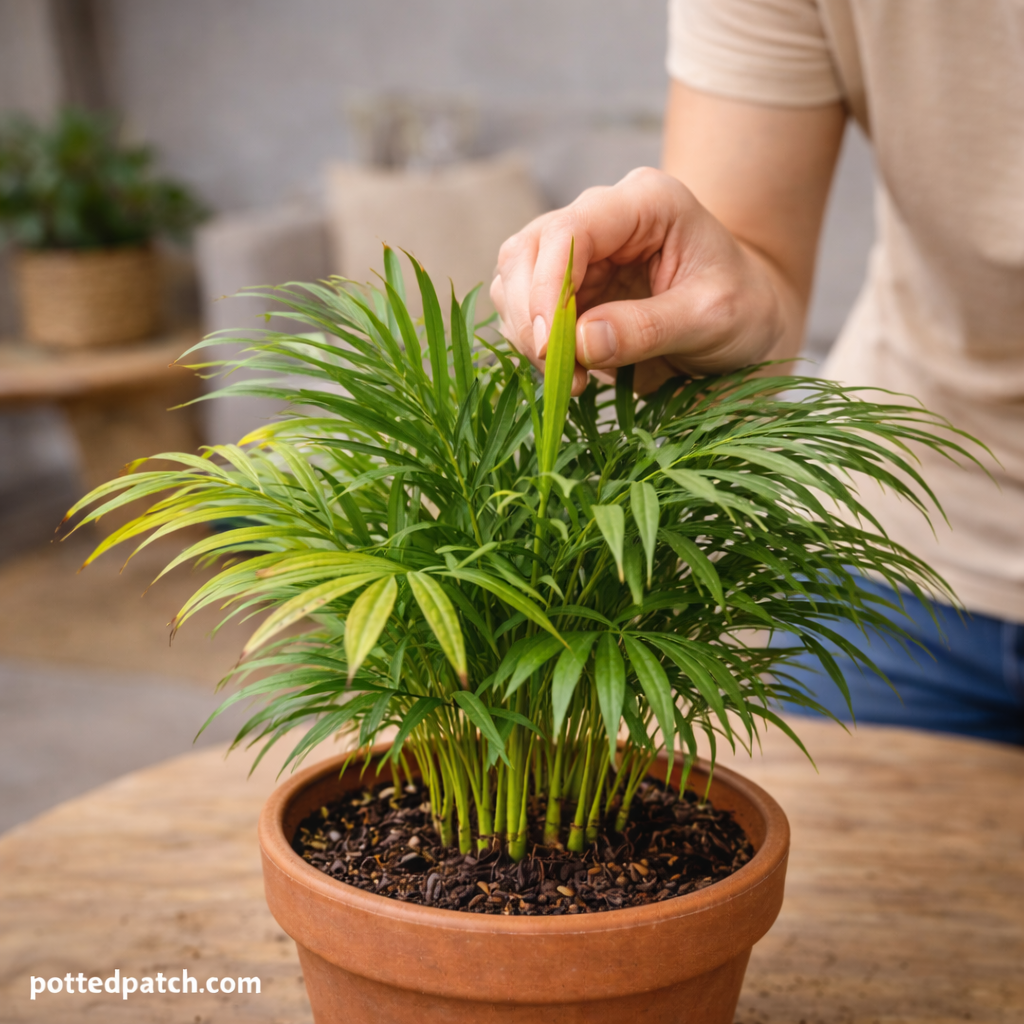 Person gently holding a new frond emerging from the center of a healthy parlor palm indoors.